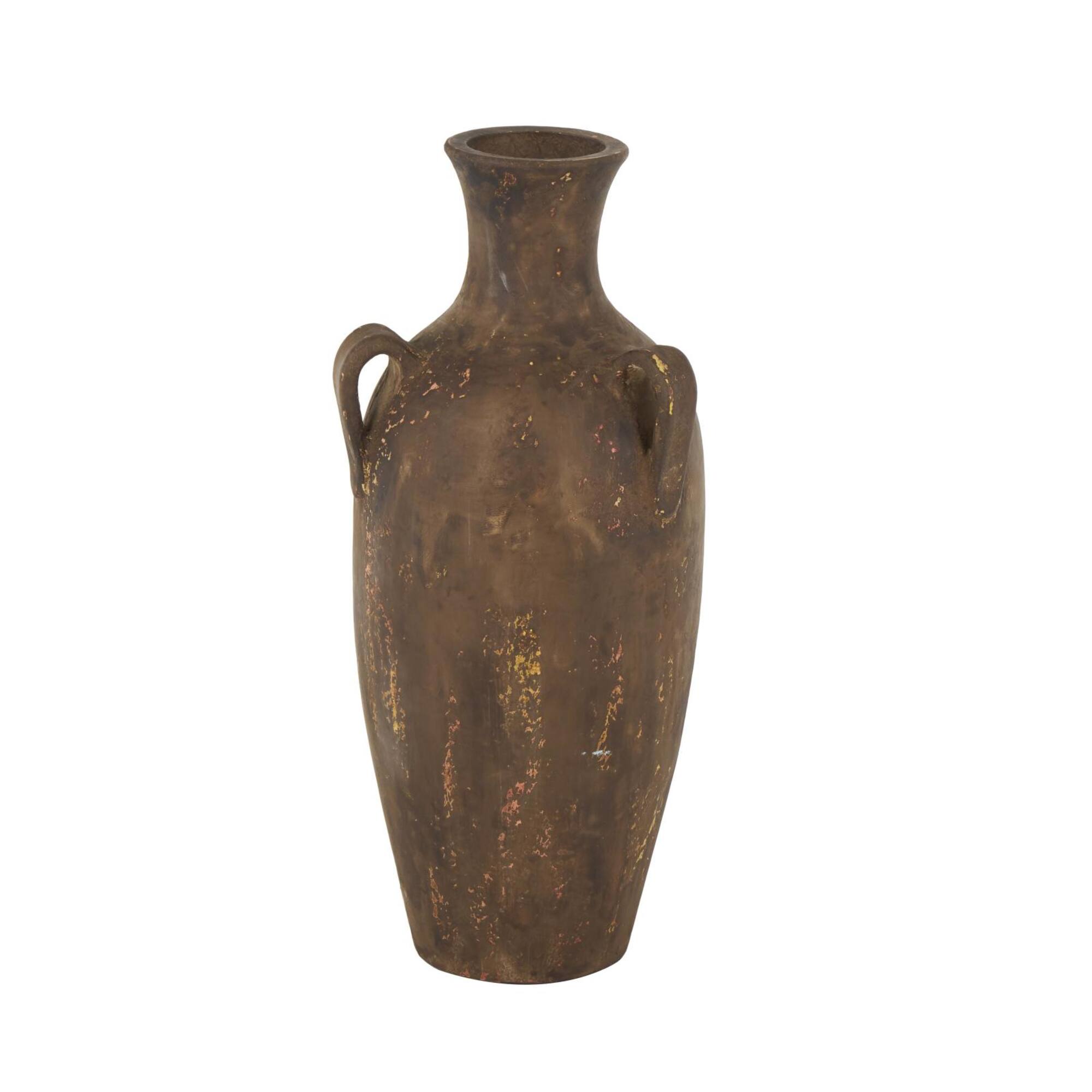 24.5" Dark Brown Ceramic Antique Style Distressed Decorative Vase with Handles